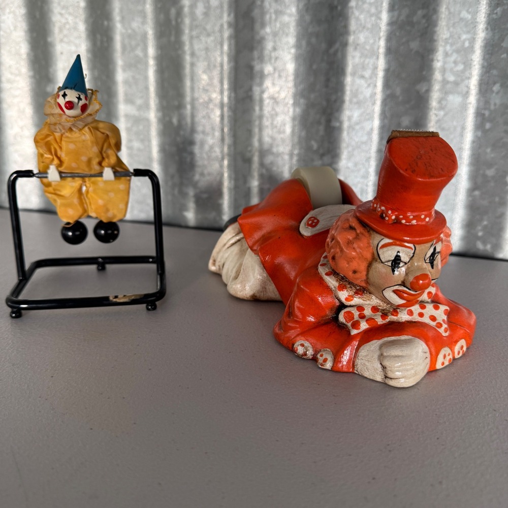 Vintage Clown Tape Dispenser and Acrobat Trapeze Set Ceramic Orange Yellow Decor